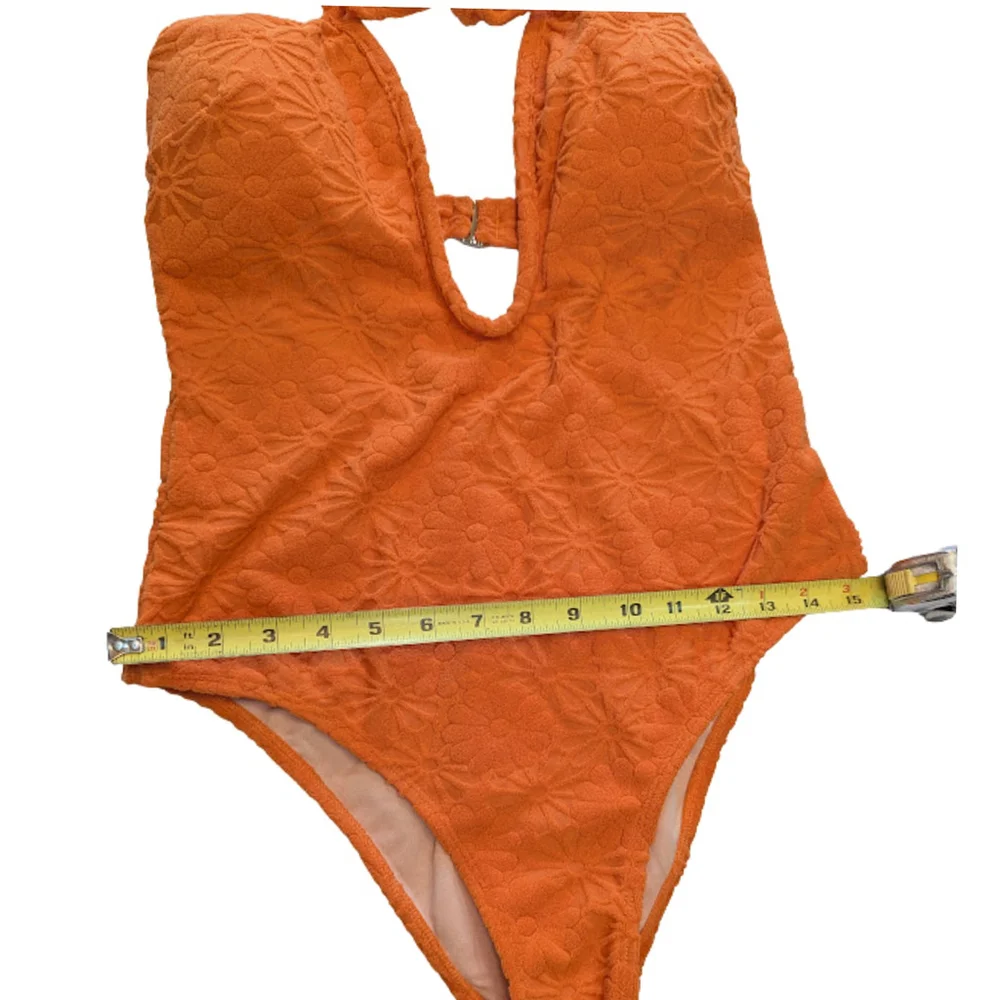 Orange Floral Textured One-Piece Swimsuit • S–M • 70's Vintage Vibe - Picture 6 of 7